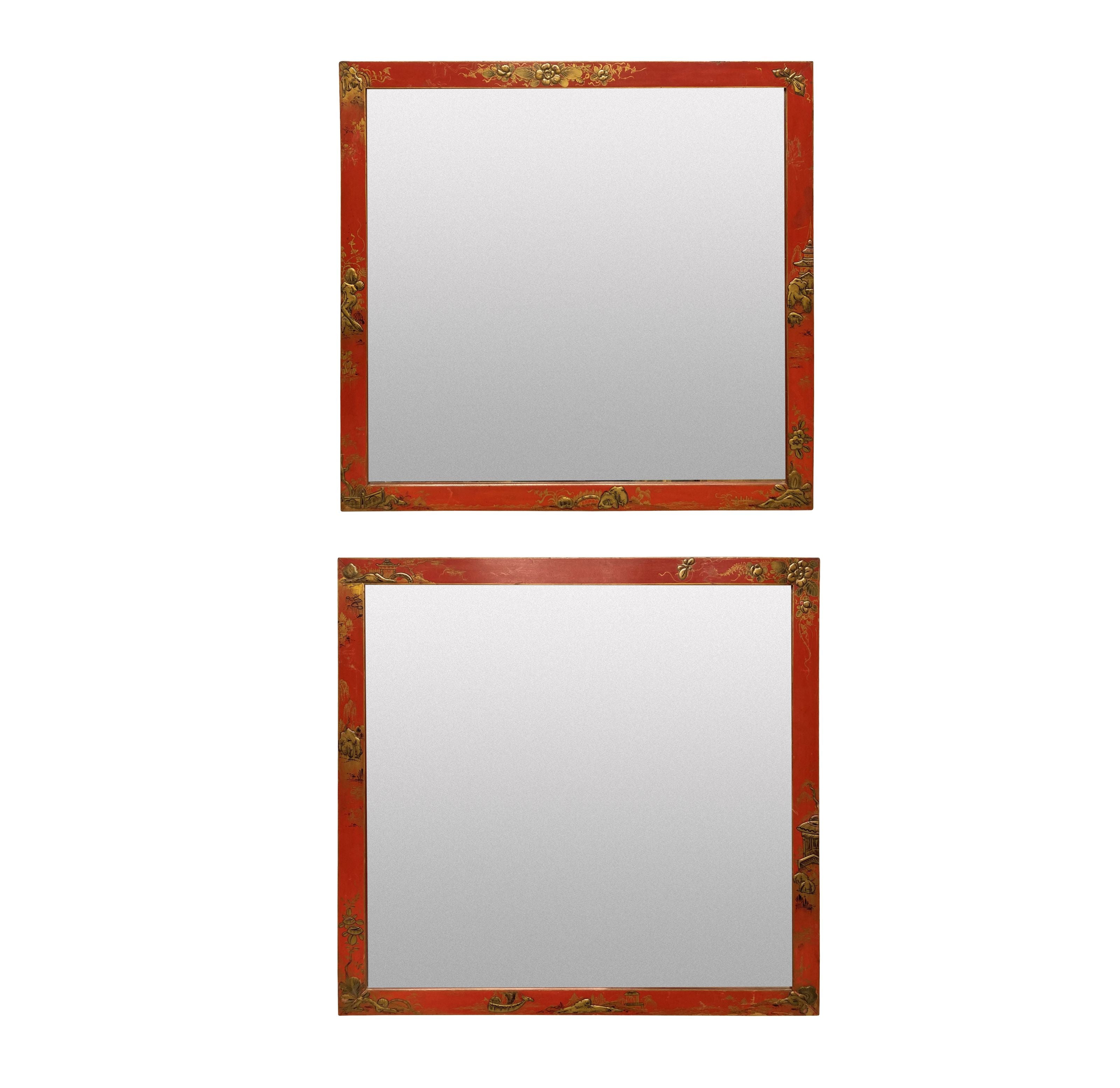Pair of English Scarlet Japanned Mirrors