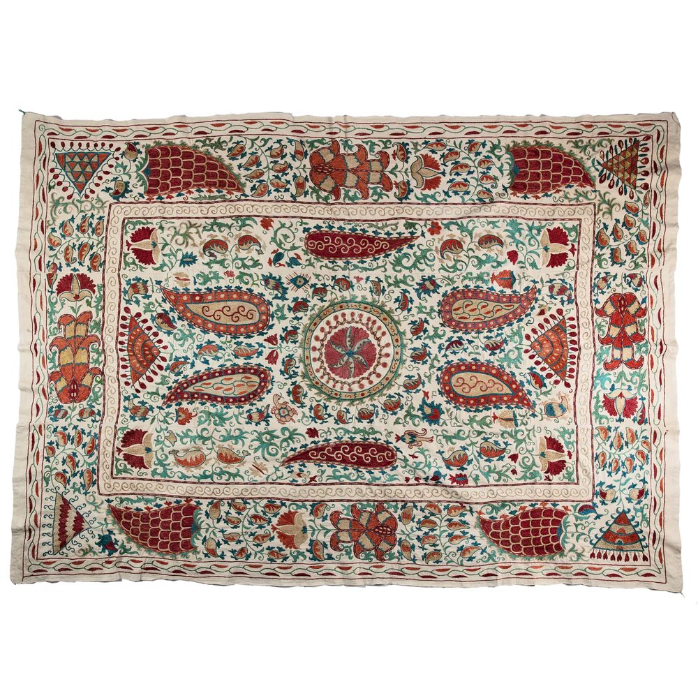 Large Silk Red, Teal, Green and Gold Hand Embroidered Suzani- Kelling Home