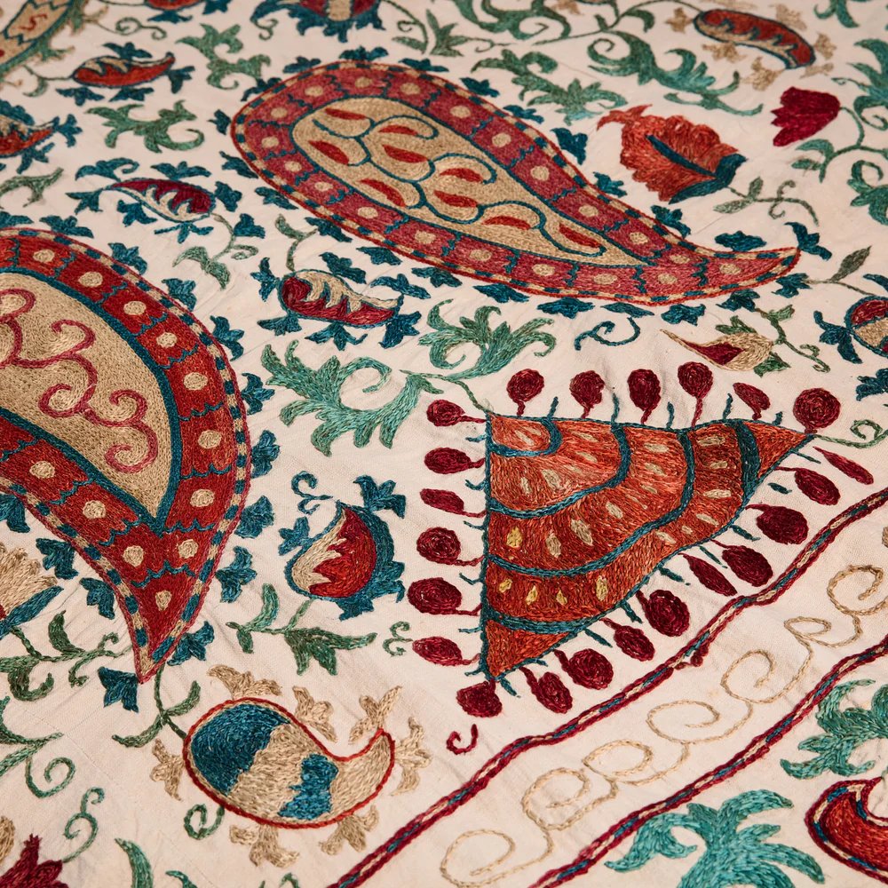 Large Silk Red, Teal, Green and Gold Hand Embroidered Suzani- Kelling Home