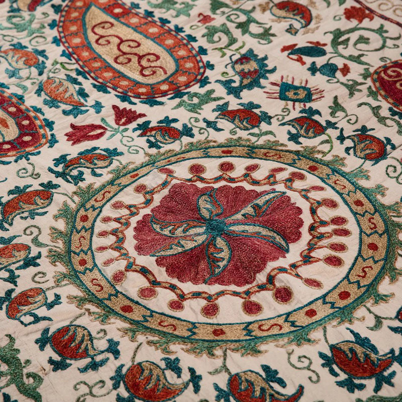 Large Silk Red, Teal, Green and Gold Hand Embroidered Suzani- Kelling Home