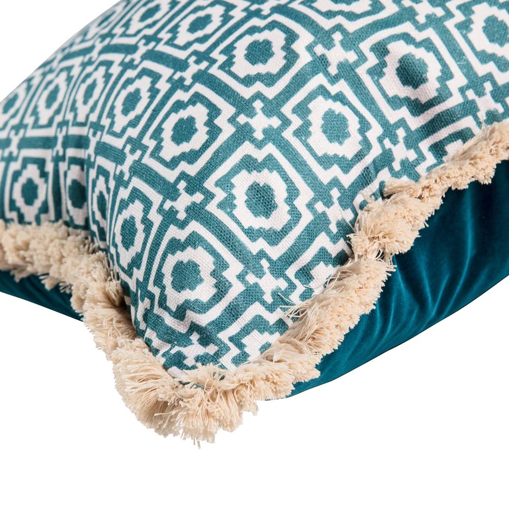 Alotablots' Cushion in Teal with Teal Velvet Back & Cream Fringe- Kelling Home