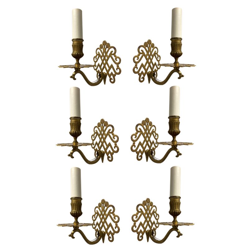 Rare Set of Six Unusal Antique Brass Single Arm Sconces 