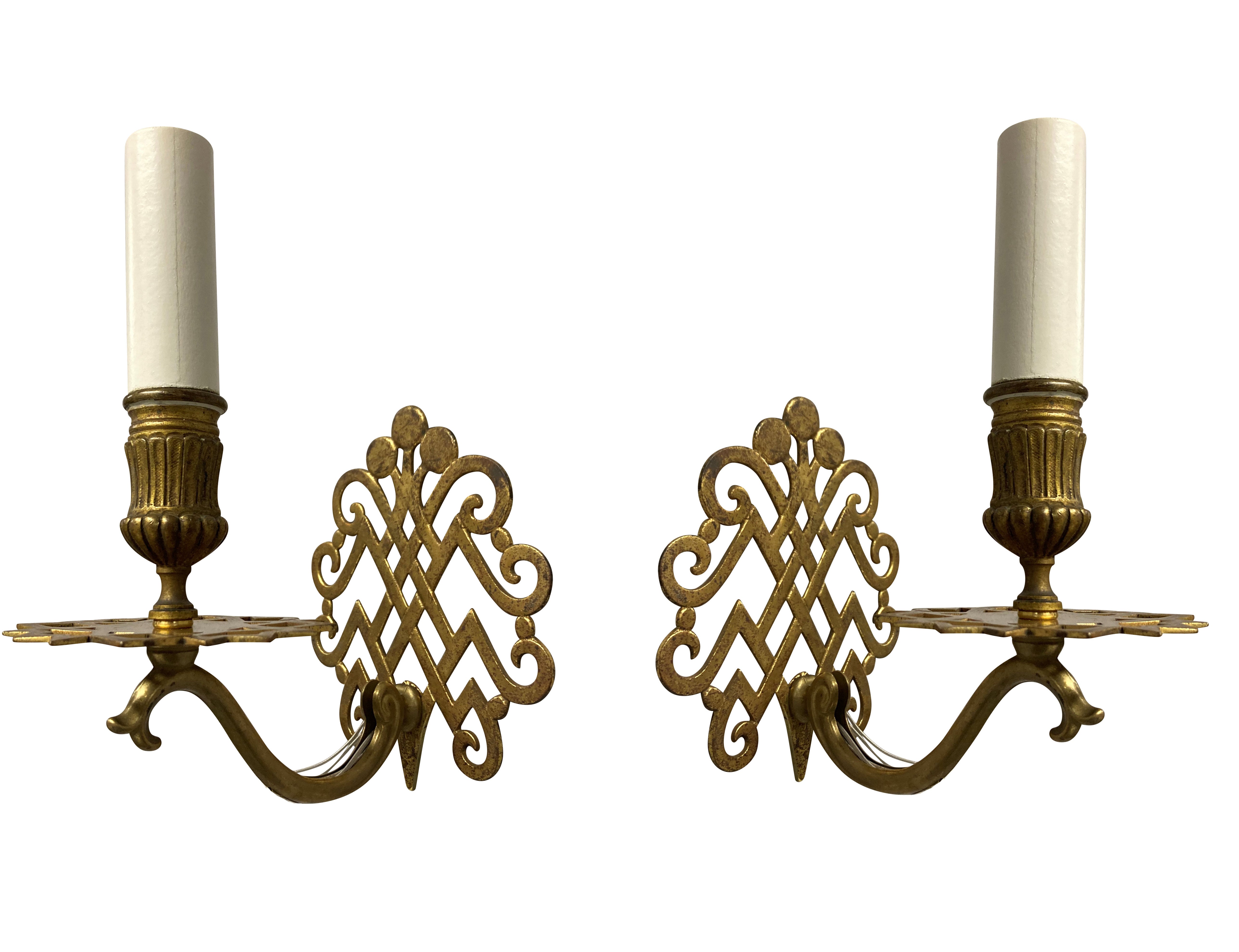 Rare Set of Six Unusal Antique Brass Single Arm Sconces 