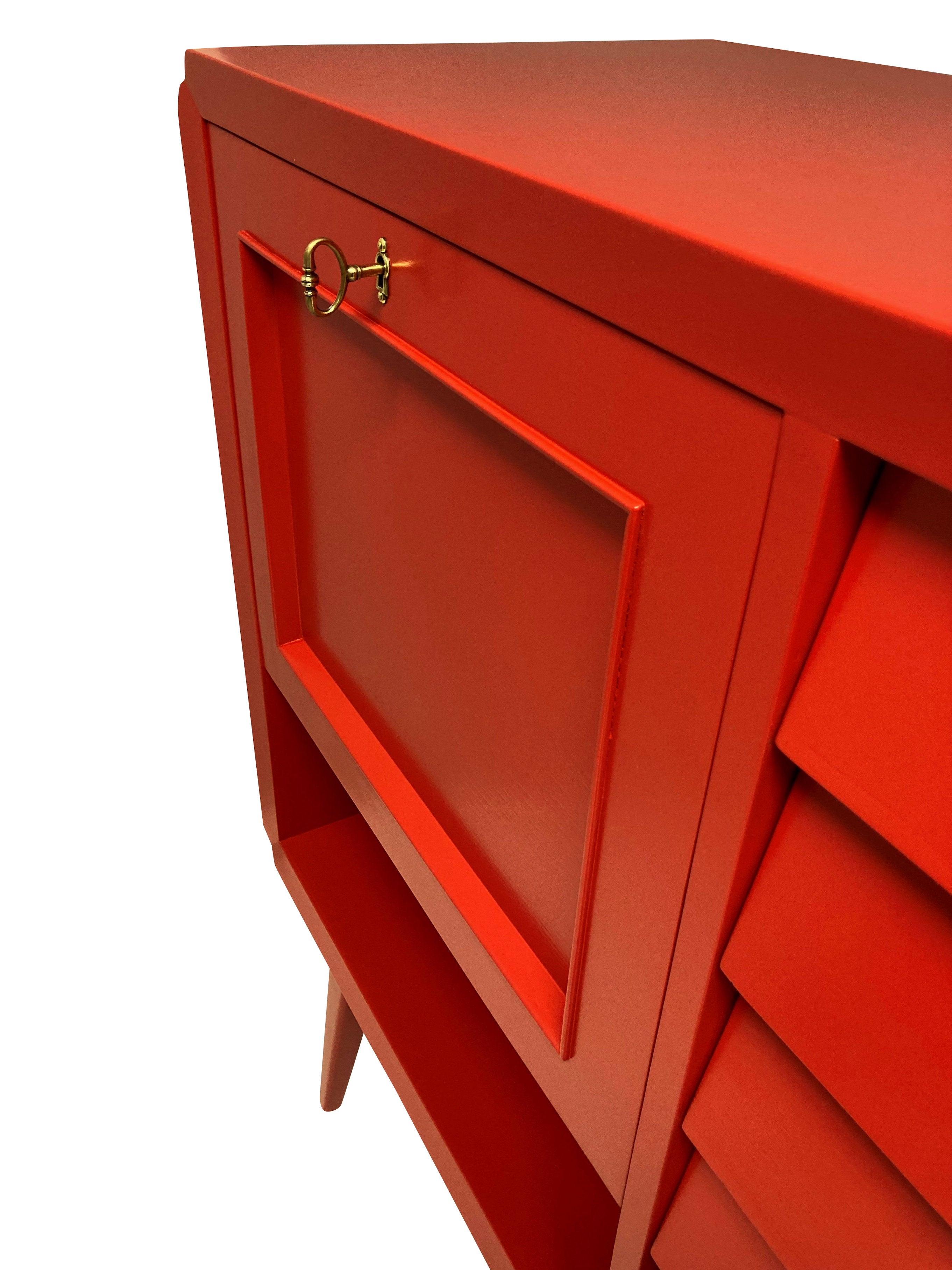 Mid-Century Scarlett Red Laquered Bar Cabinet