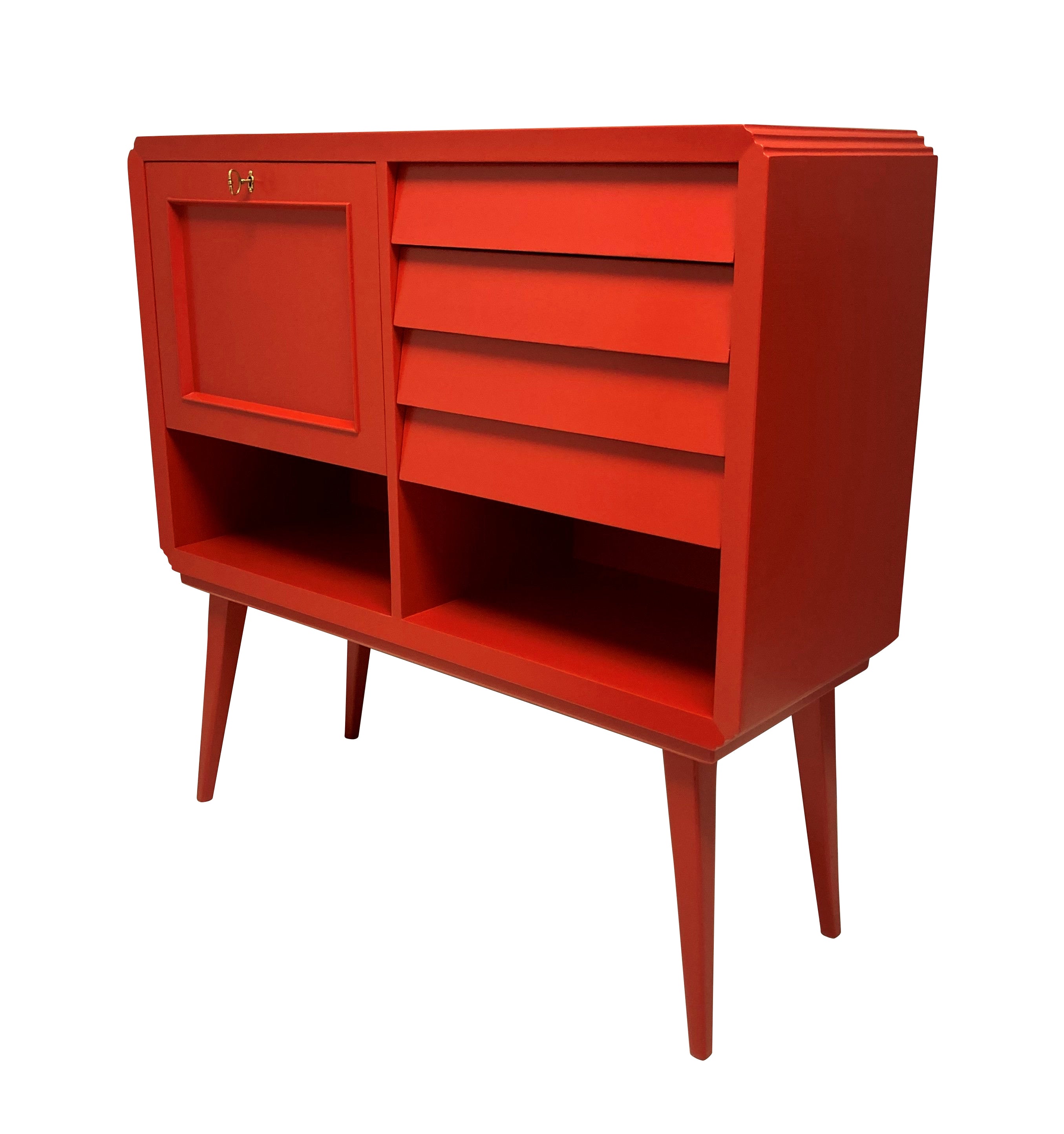 Mid-Century Scarlett Red Laquered Bar Cabinet