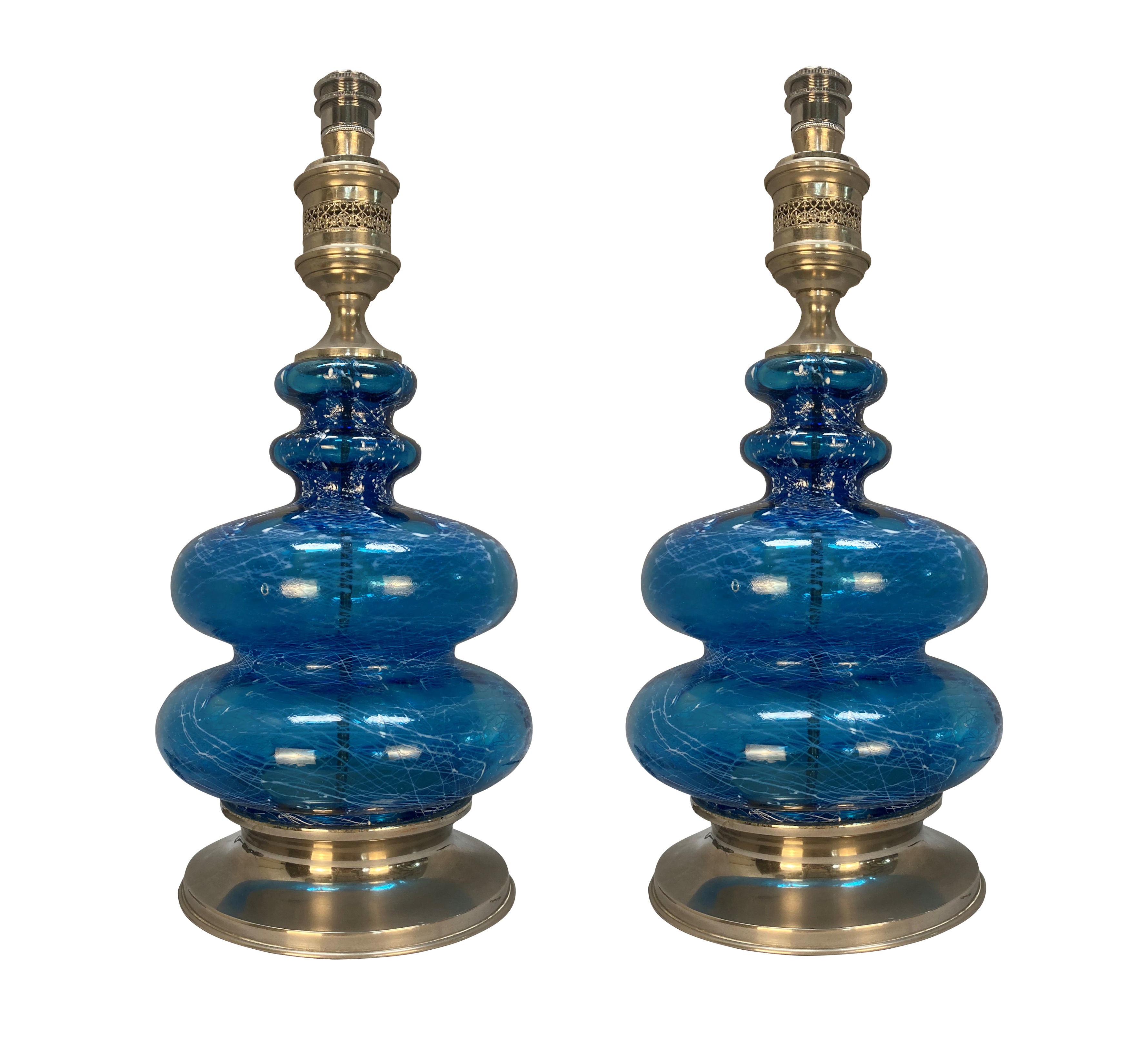Pair of Mid-Century Blue Glass & Silver Table Lamps 