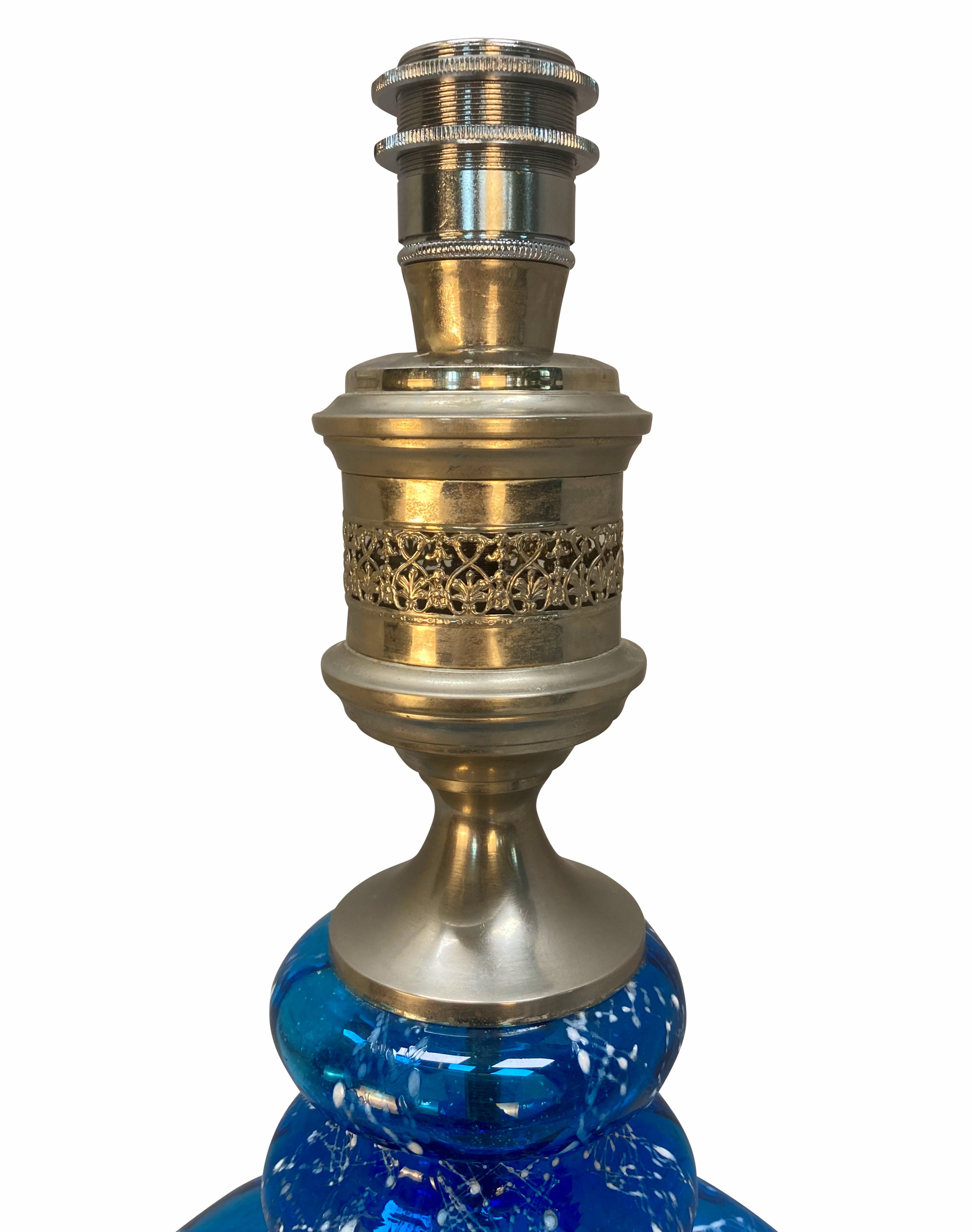 Pair of Mid-Century Blue Glass & Silver Table Lamps 