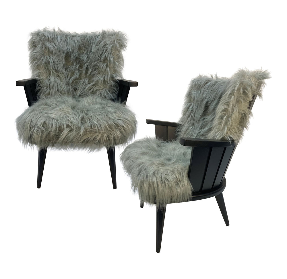 Pair of French Mid-Century Black Laquered Fluffy Armchairs 