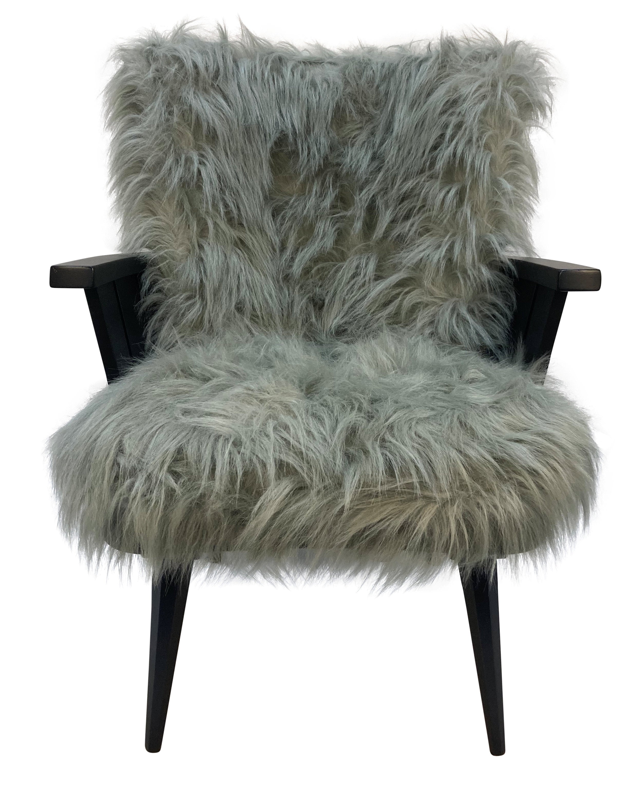 Pair of French Mid-Century Black Laquered Fluffy Armchairs 