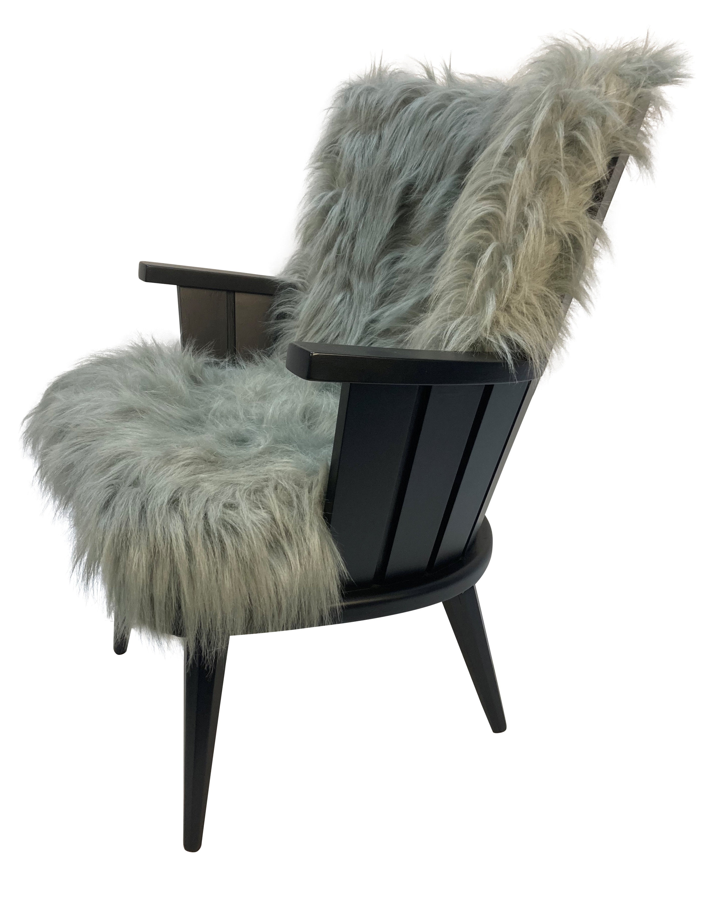 Pair of French Mid-Century Black Laquered Fluffy Armchairs 