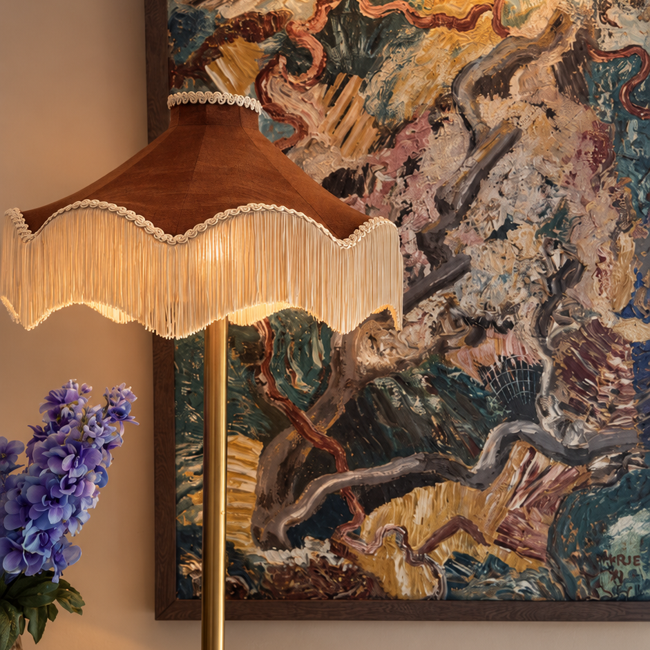 Moiré Fringed Lampshade with Tassels  | Cognac Brown | Tinker & Tallulah