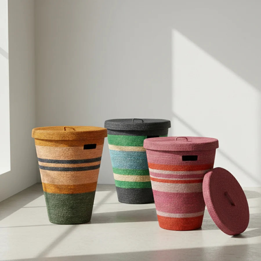 Handwoven Seagrass Striped Laundry Basket | Guardsman Red & Venetian Pink | British Colour Standard