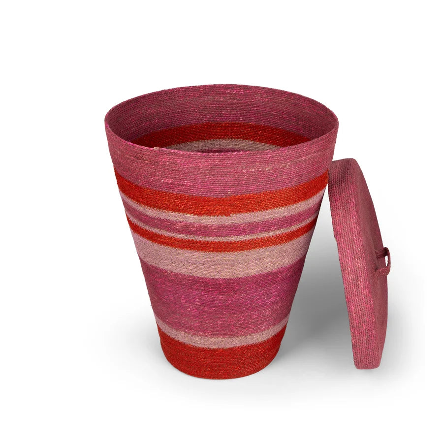 Handwoven Seagrass Striped Laundry Basket | Guardsman Red & Venetian Pink | British Colour Standard