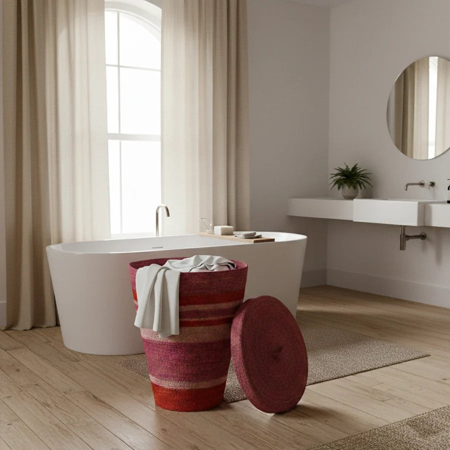 Handwoven Seagrass Striped Laundry Basket | Guardsman Red & Venetian Pink | British Colour Standard