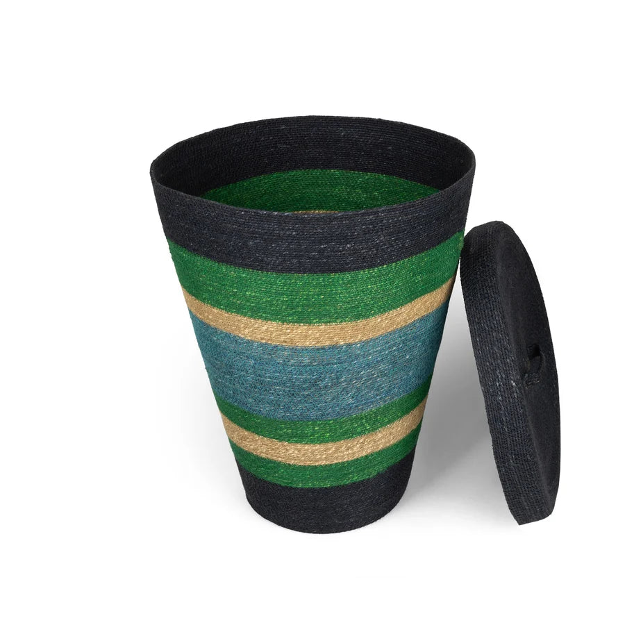 Handwoven Seagrass Striped Laundry Basket | Beryl Green, Midnight & Medici Blue | British Colour Standard