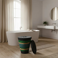 Handwoven Seagrass Striped Laundry Basket | Beryl Green, Midnight & Medici Blue | British Colour Standard