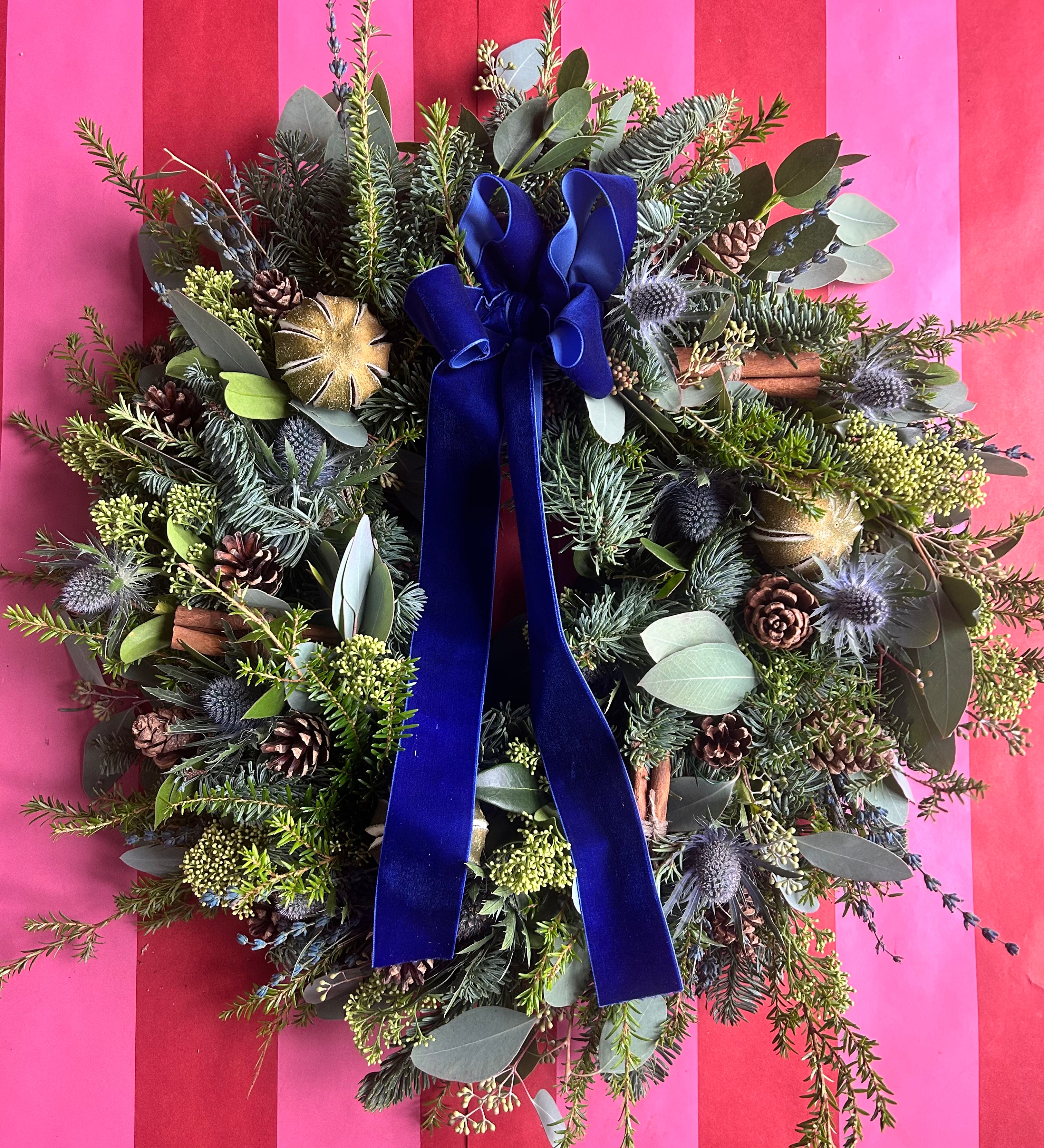 Fresh Christmas Door Wreath- Blue Noel
