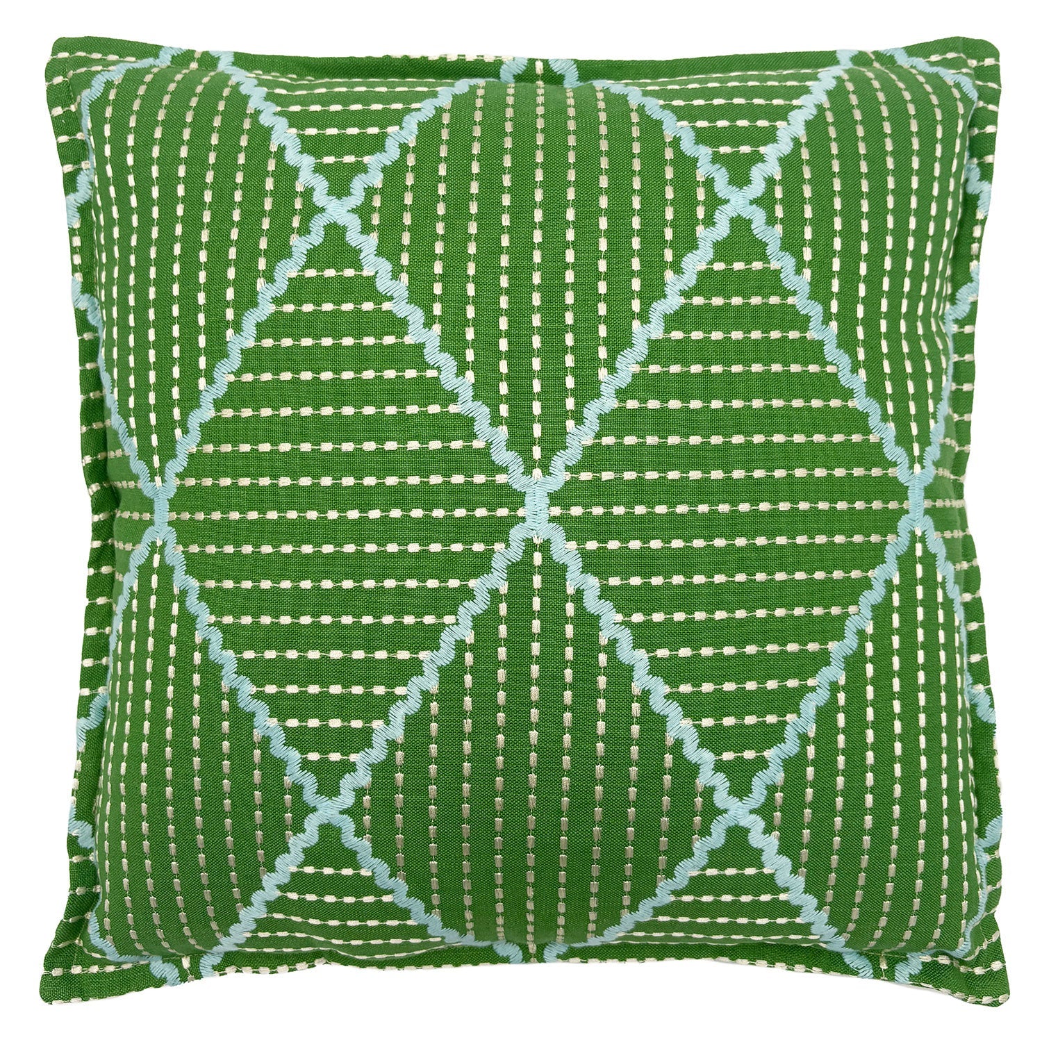 Oberon Glade | Green Embroidered Diamond Pattern Cushion | Linwood