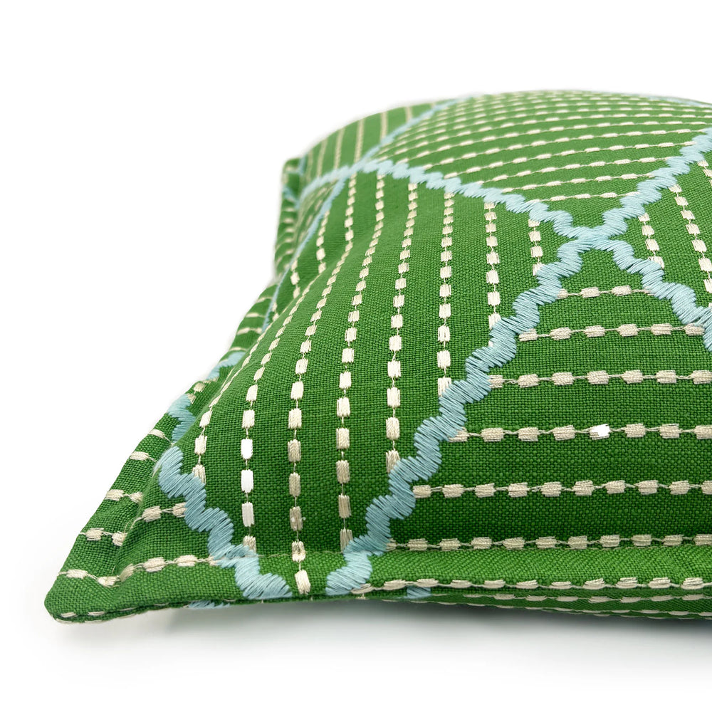 Oberon Glade | Green Embroidered Diamond Pattern Cushion | Linwood
