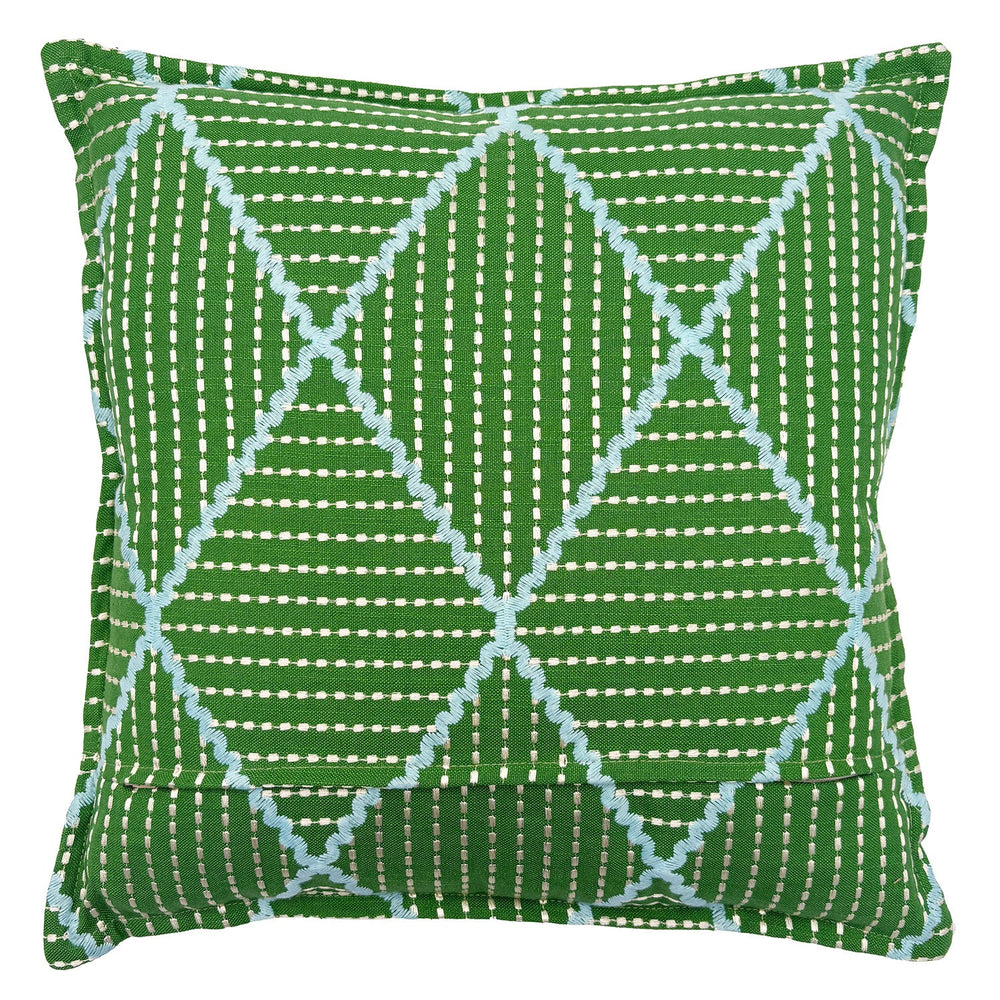 Oberon Glade | Green Embroidered Diamond Pattern Cushion | Linwood