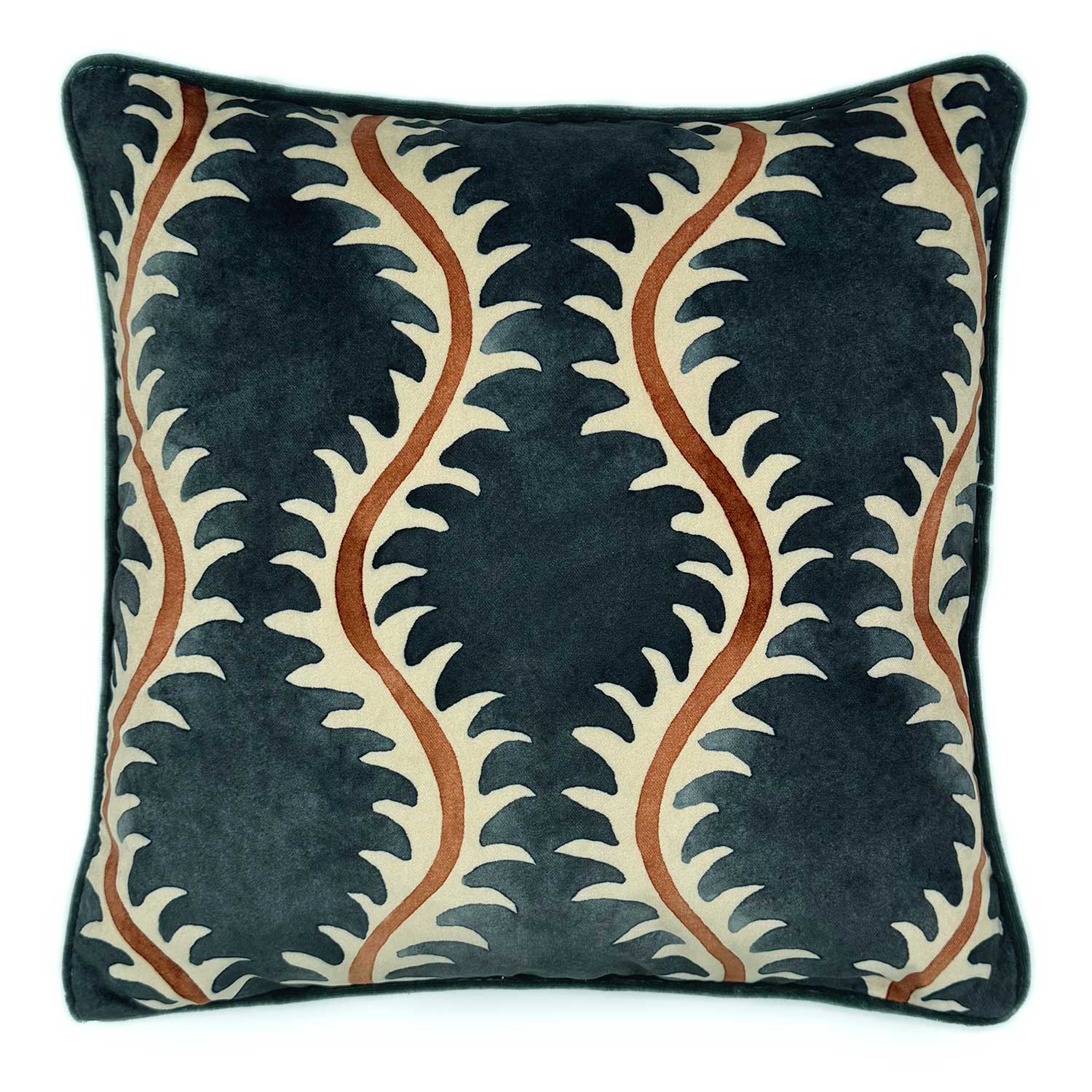 Helter Skelter Ink Velvet Cushion | Navy & Terracotta | Linwood