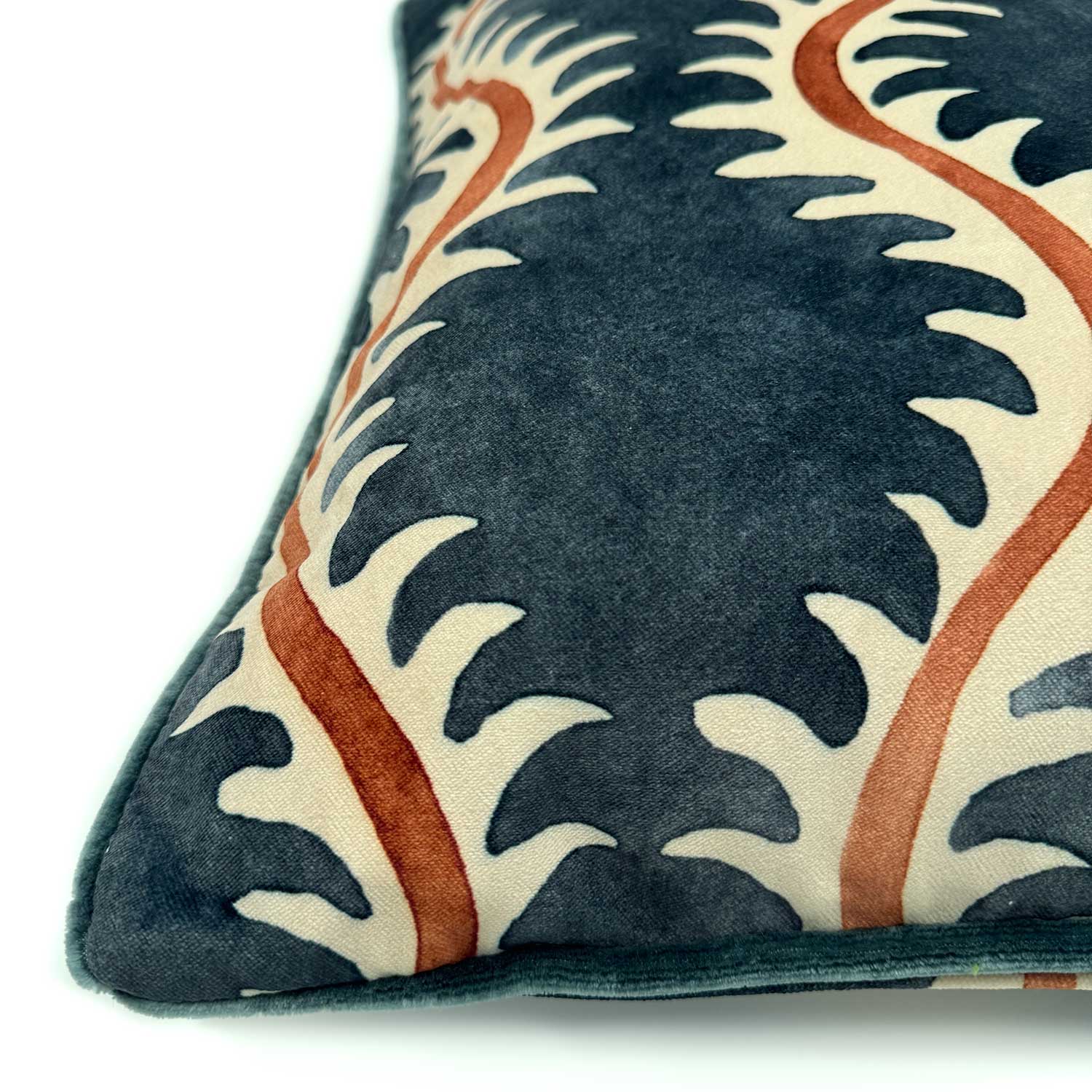 Helter Skelter Ink Velvet Cushion | Navy & Terracotta | Linwood