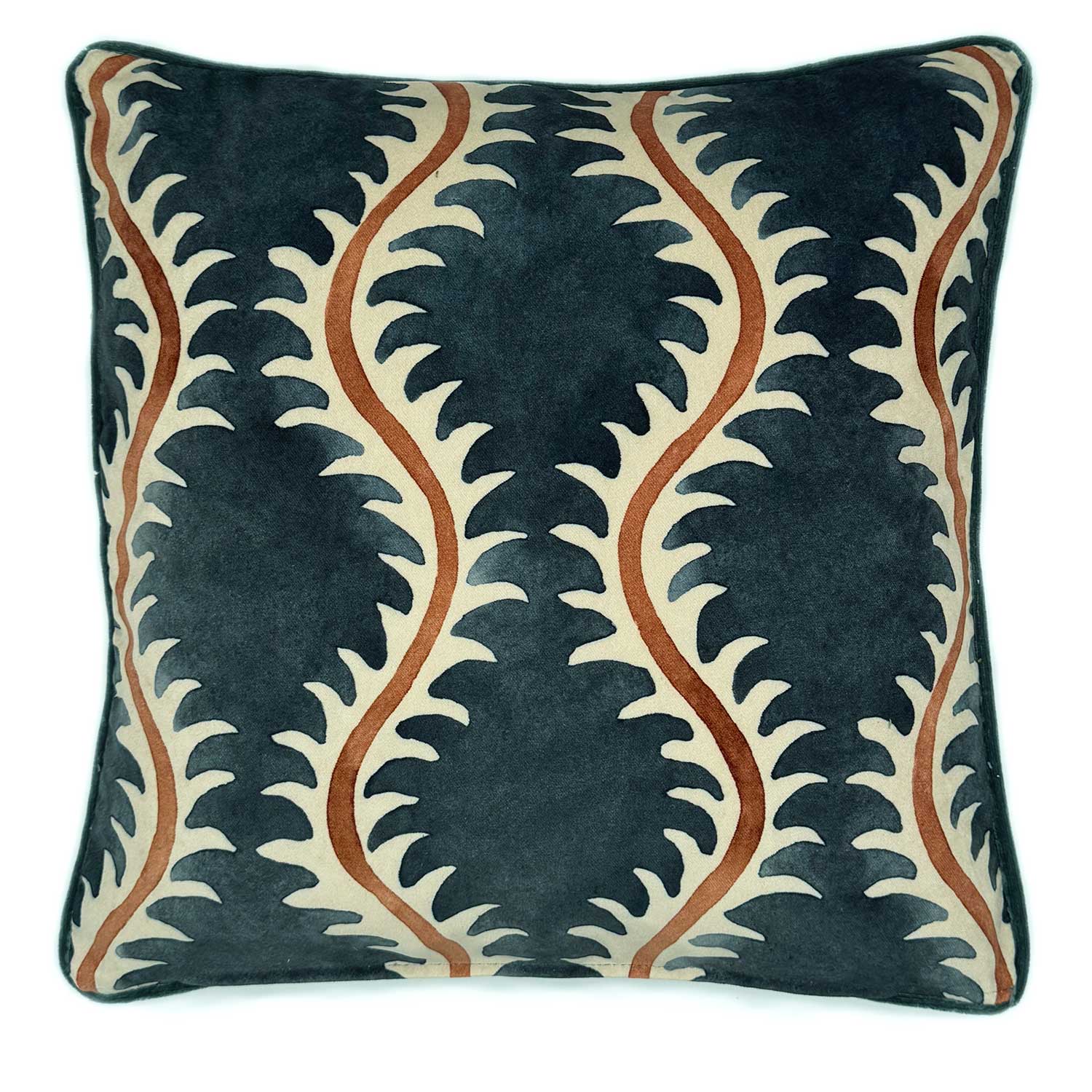 Helter Skelter Ink Velvet Cushion | Navy & Terracotta | Linwood