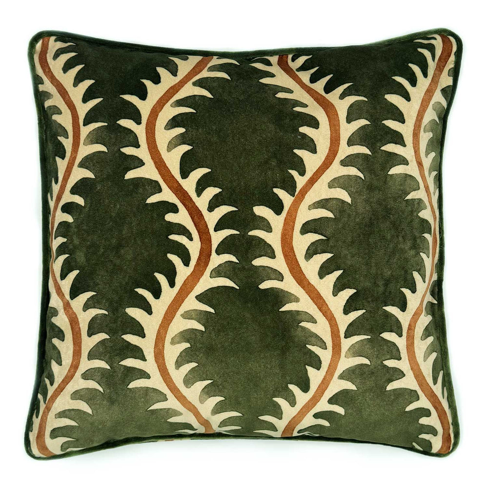 Helter Skelter Moss Velvet Cushion | Green & Terracotta | Linwood