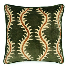 Helter Skelter Moss Velvet Cushion | Green & Terracotta | Linwood