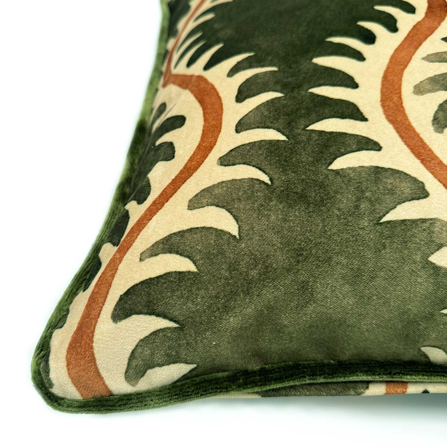 Helter Skelter Moss Velvet Cushion | Green & Terracotta | Linwood