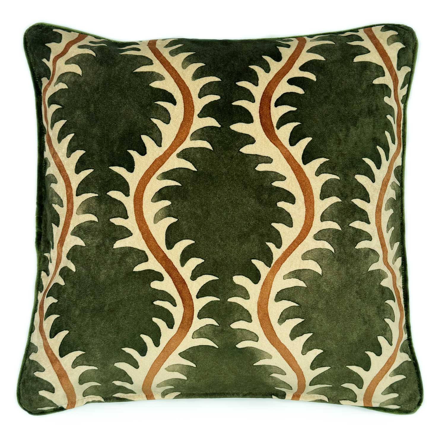 Helter Skelter Moss Velvet Cushion | Green & Terracotta | Linwood