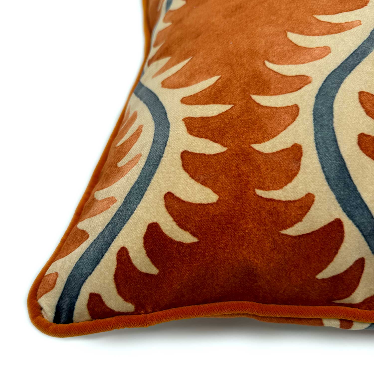 Helter Skelter Paprika Velvet Cushion | Orange & Navy | Linwood