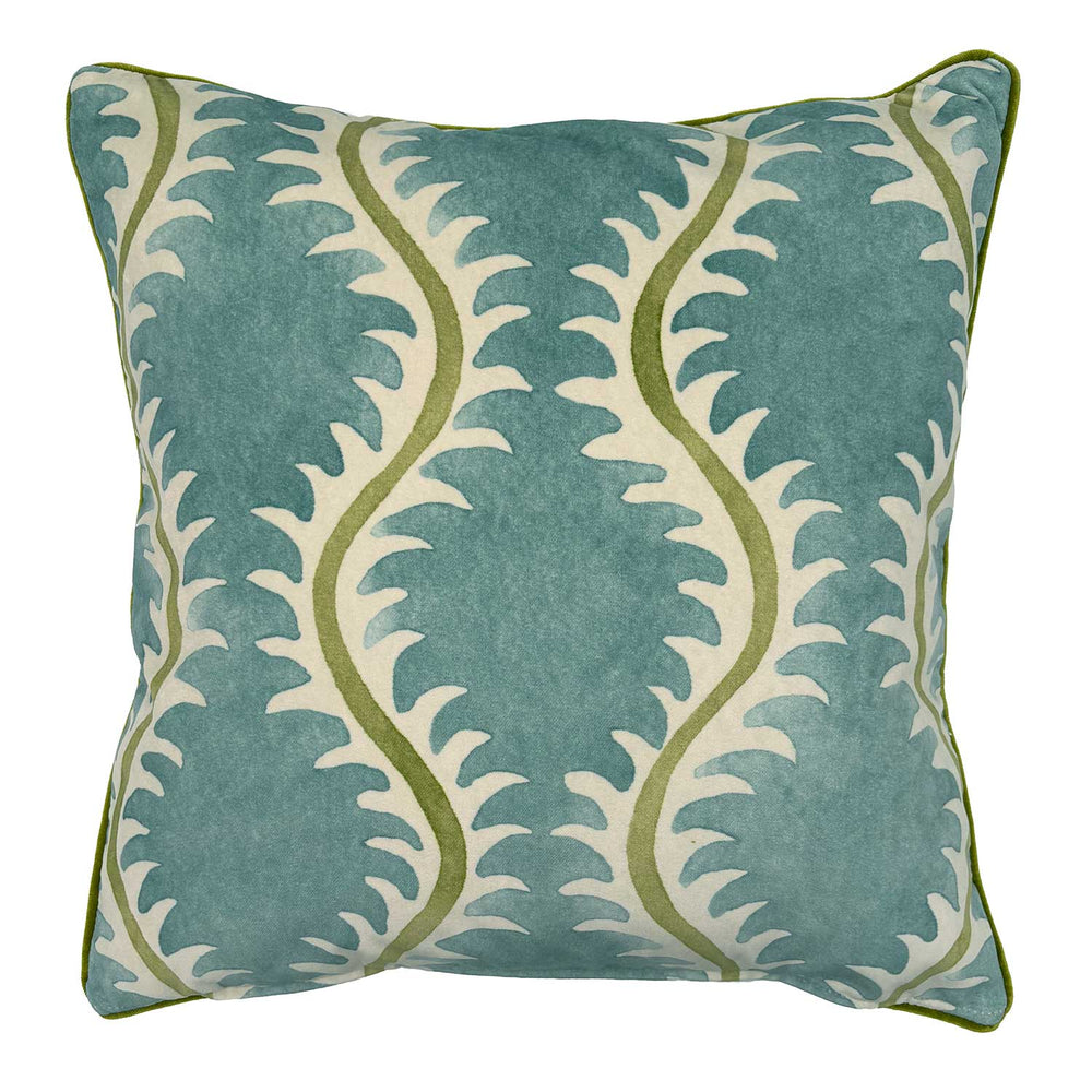 Helter Skelter River Bed Velvet Cushion | Green & Blue | Linwood