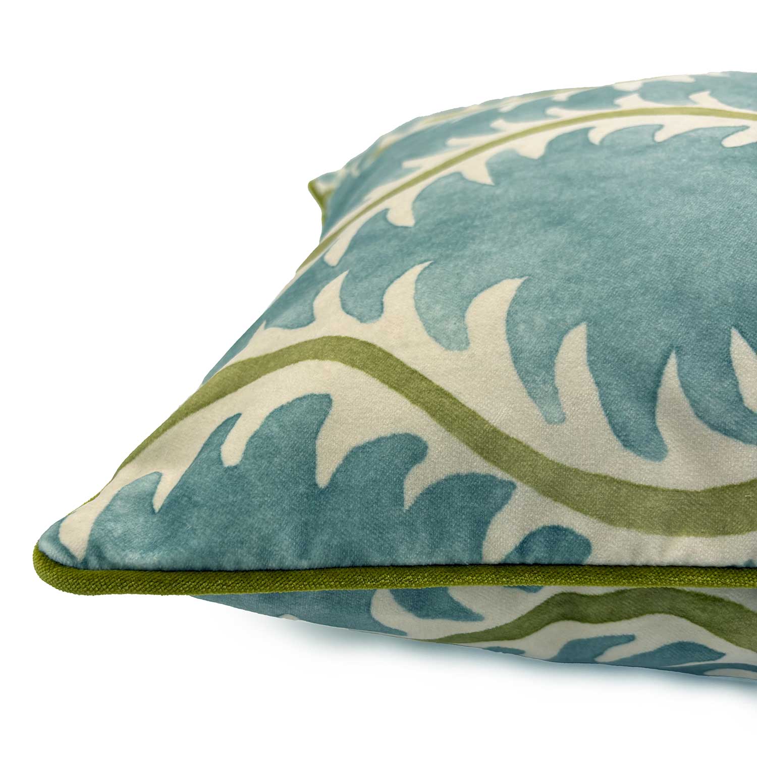 Helter Skelter River Bed Velvet Cushion | Green & Blue | Linwood