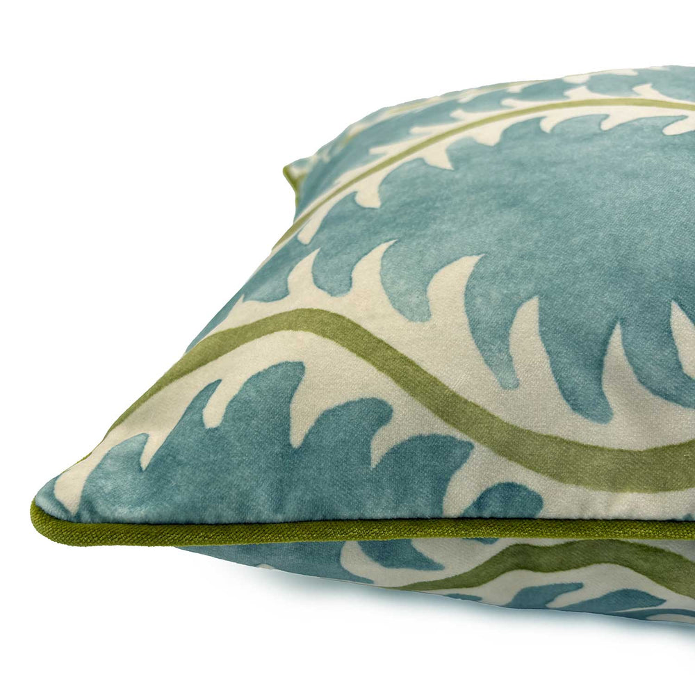 Helter Skelter River Bed Velvet Cushion | Green & Blue | Linwood