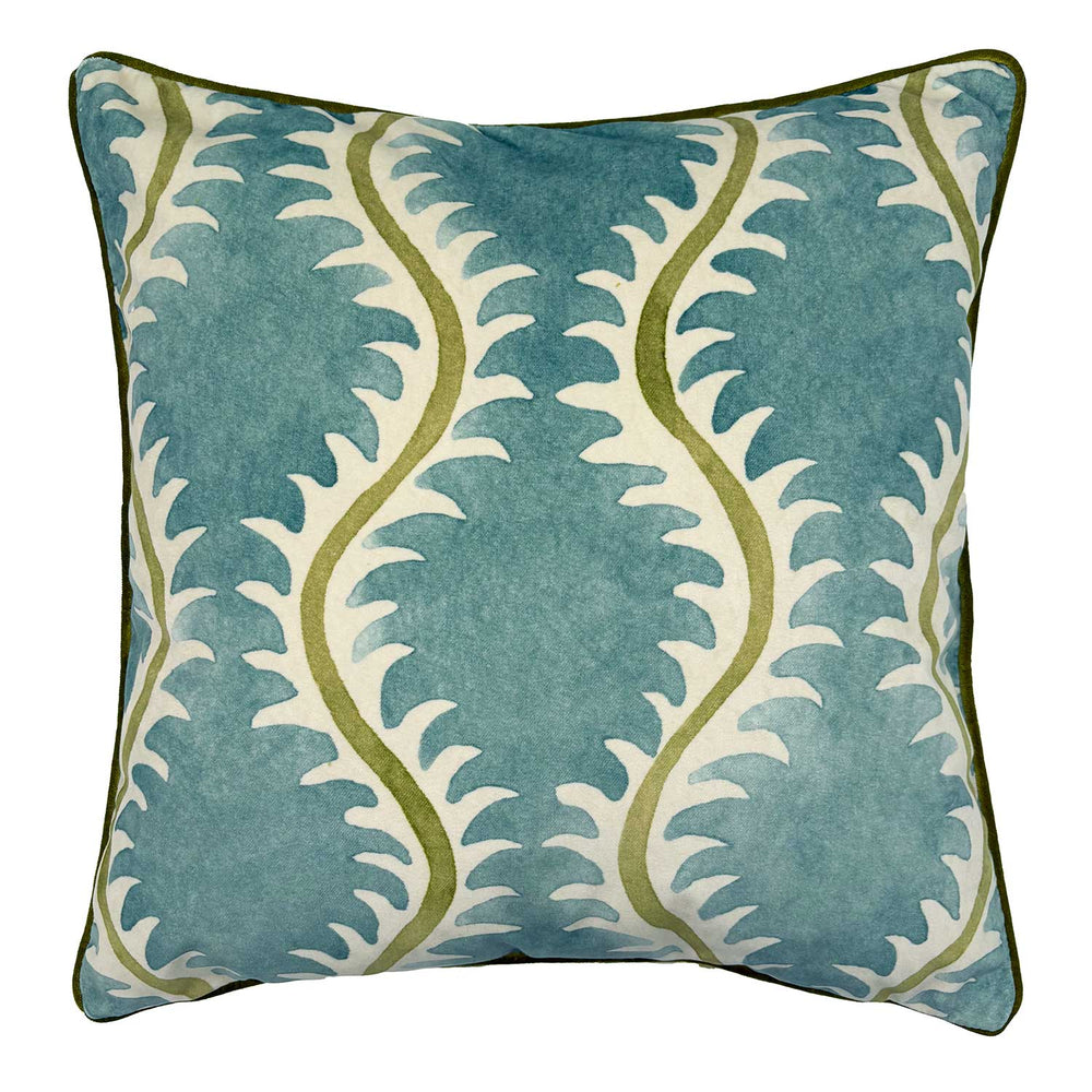 Helter Skelter River Bed Velvet Cushion | Green & Blue | Linwood
