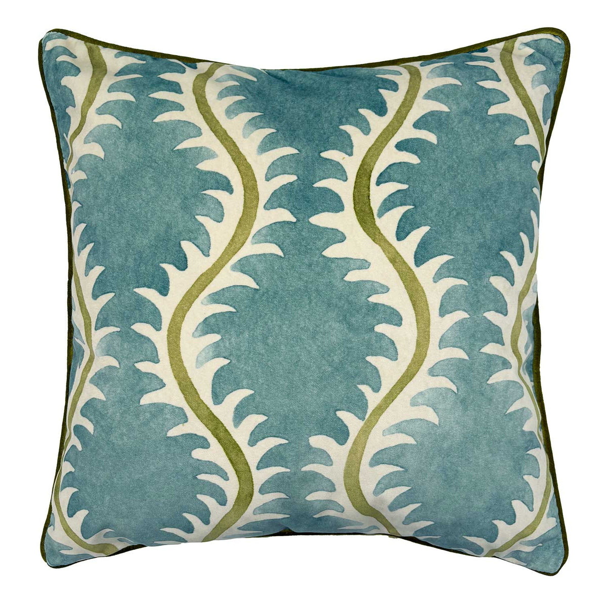 Helter Skelter River Bed Velvet Cushion | Green & Blue | Linwood