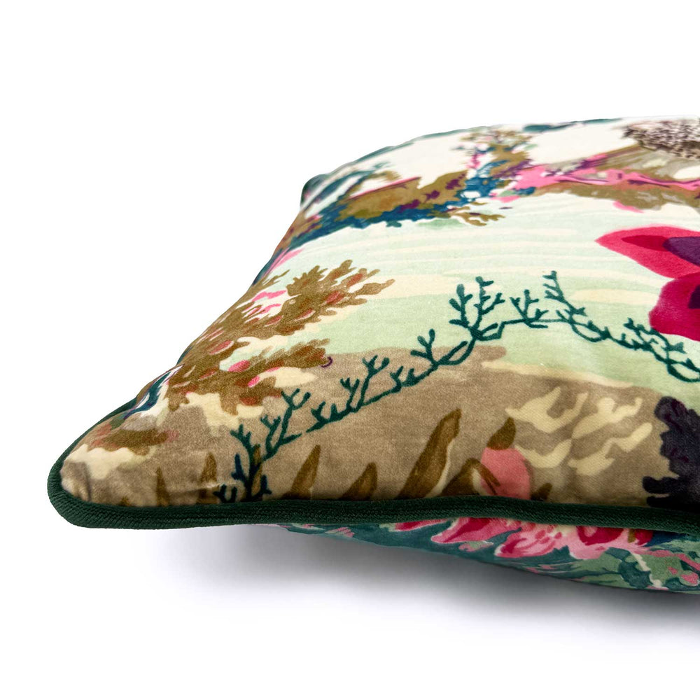 Jungle Rumble | Pink & Green Velvet Cushion | Linwood