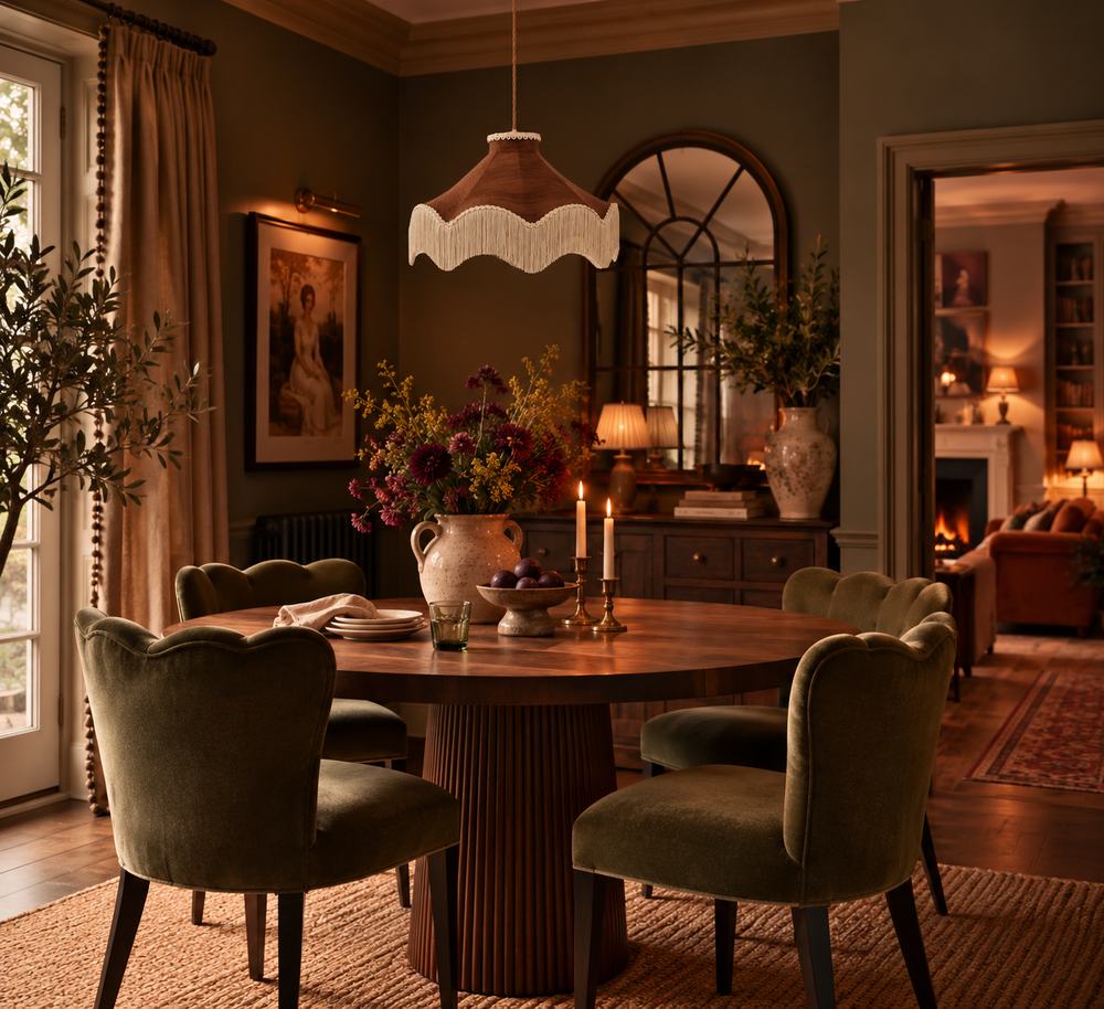 Moiré Fringed Lampshade with Tassels  | Cognac Brown | Tinker & Tallulah