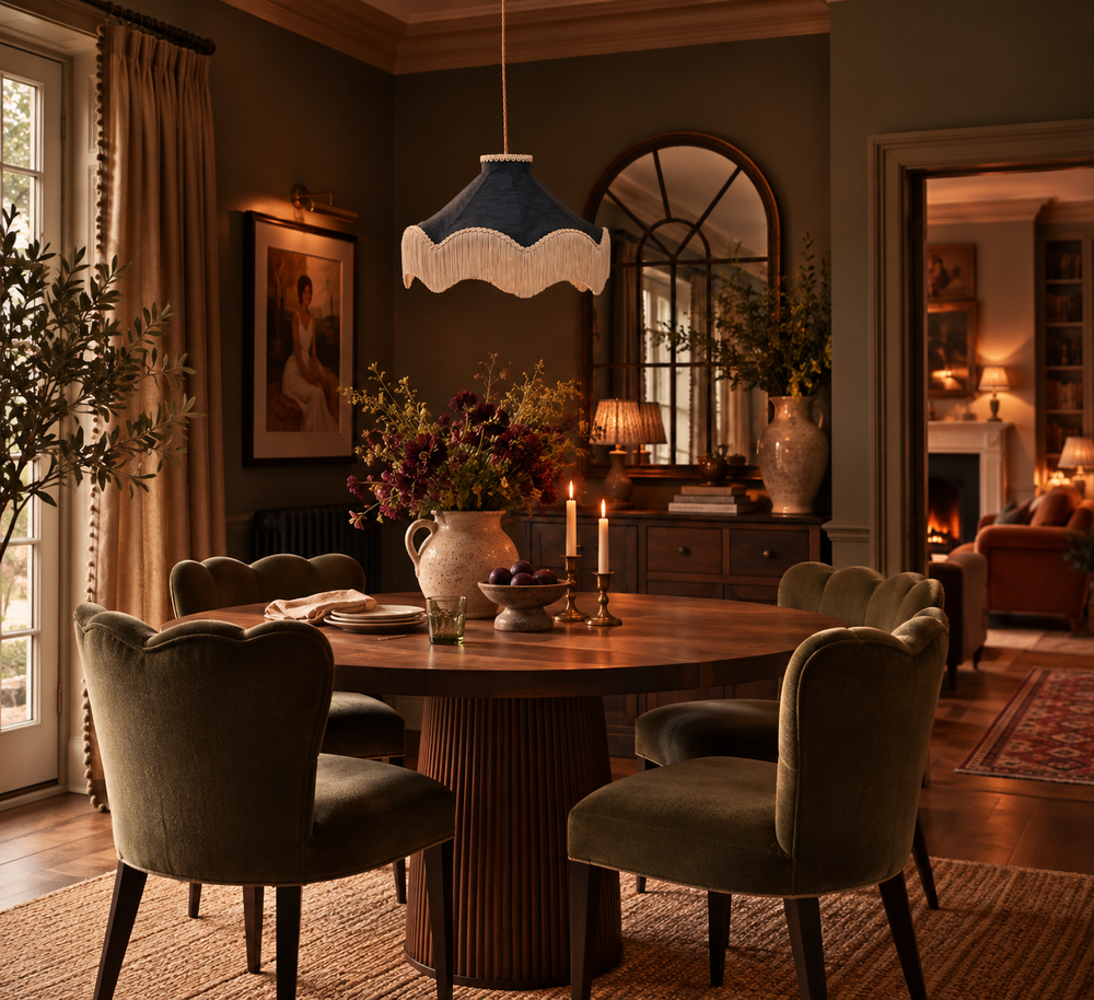 Moiré Fringed Lampshade with Tassels  | Midnight Blue | Tinker & Tallulah