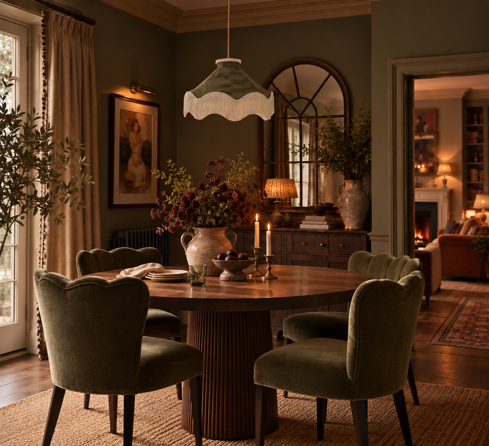 Moiré Fringed Lampshade with Tassels  | Olive Green | Tinker & Tallulah