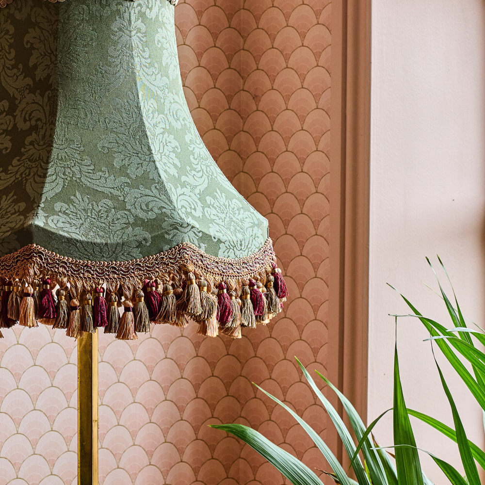 Green Damask Lampshade with Tassel Fringe | Tinker & Tallulah