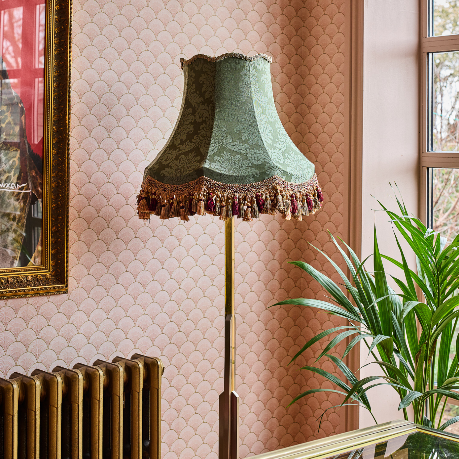 Green Damask Lampshade with Tassel Fringe | Tinker & Tallulah
