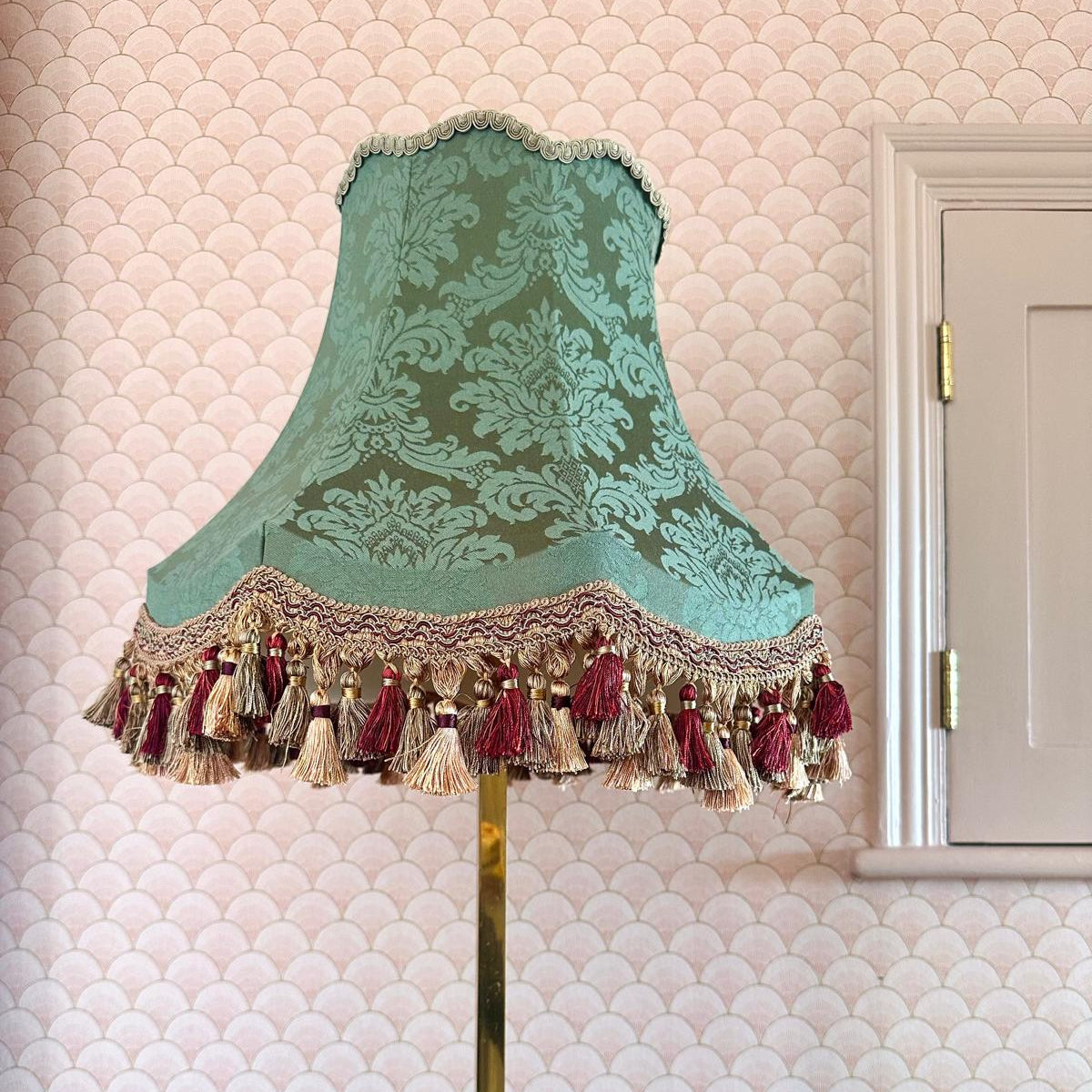 Green Damask Lampshade with Tassel Fringe | Tinker & Tallulah