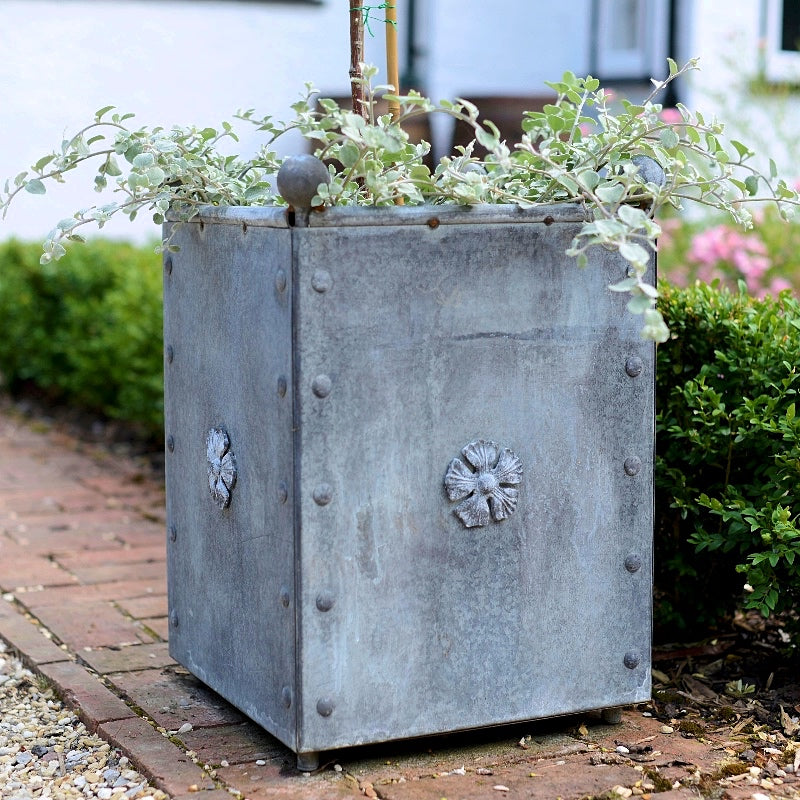 large metal plant pots uk Handmade Galvanised Steel Planters with Tudor Rose Decor | Arthur Jack