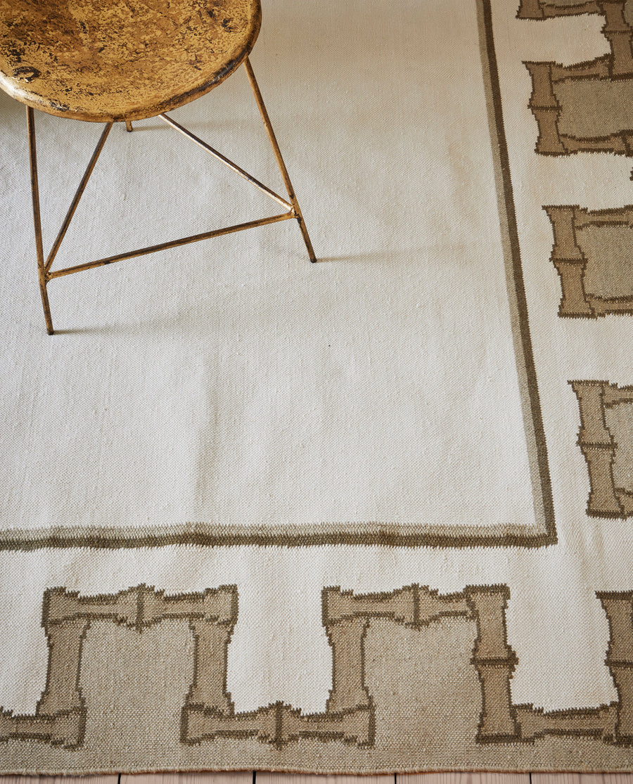 Greek Key Design Handwoven Rug- Cream & Moss