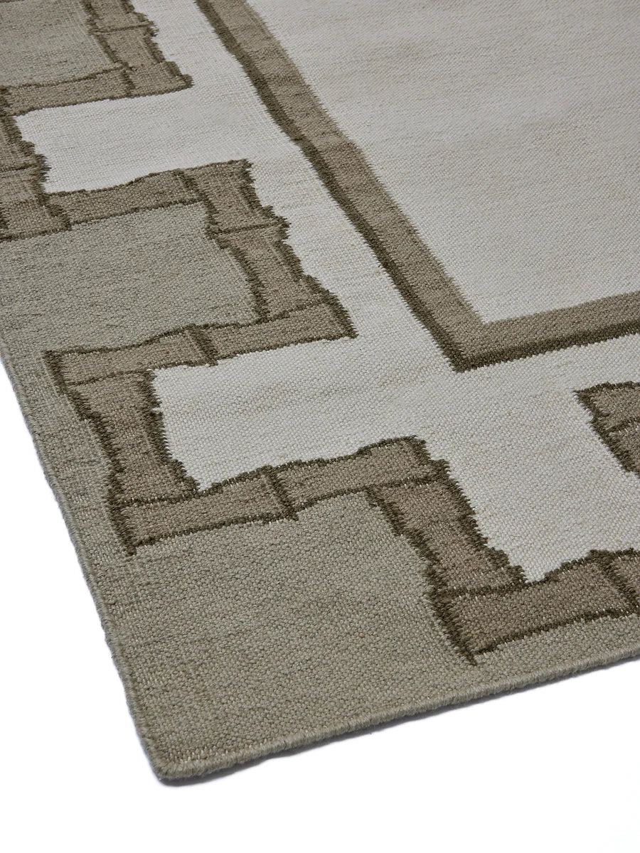 Greek Key Design Handwoven Rug- Cream & Moss