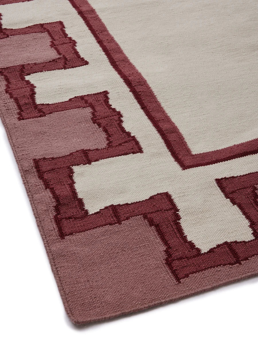 Greek Key Design Handwoven Rug- Cream & Raspberry
