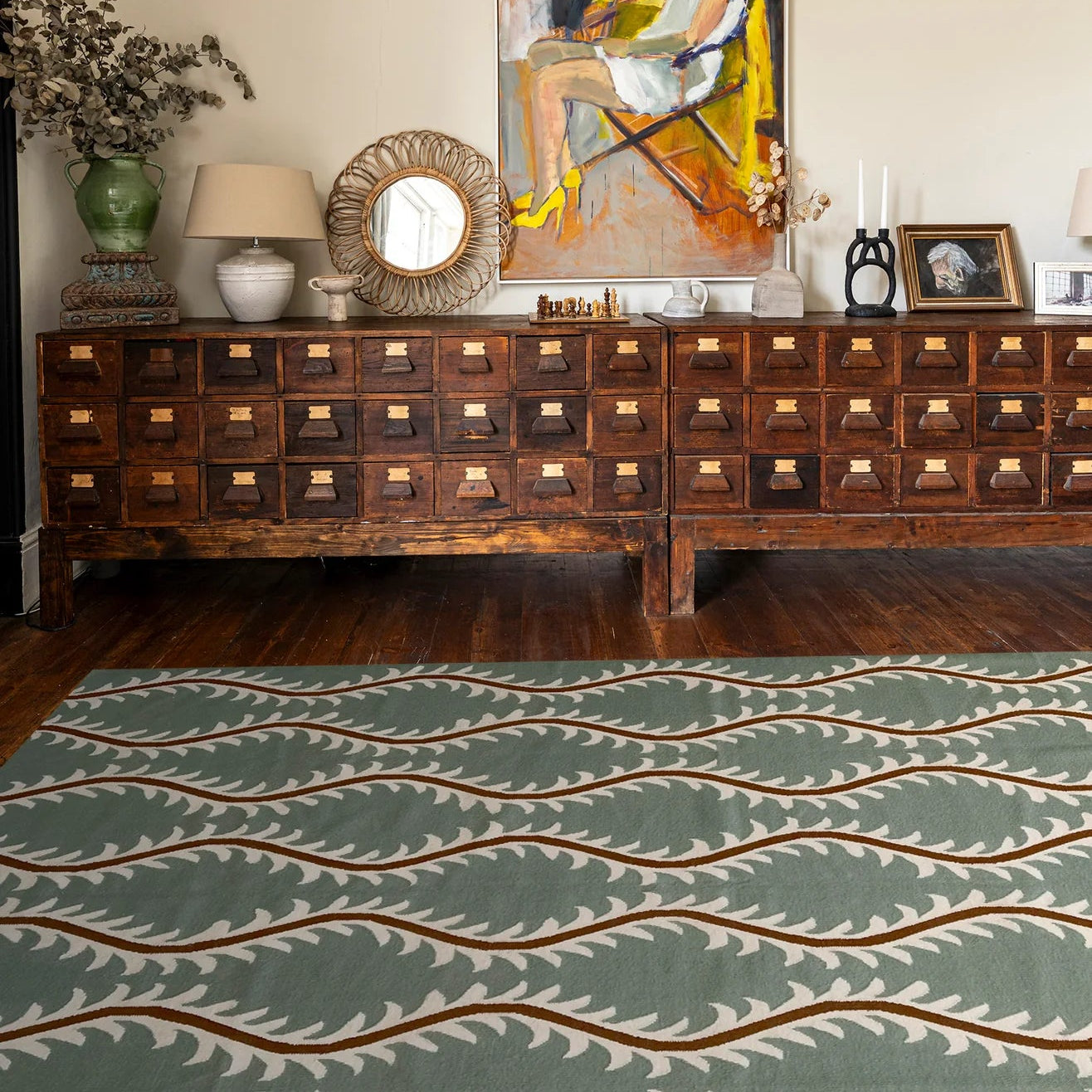 Linwood Helter Skelter Flatweave Wool Green Rug | Amy Kent