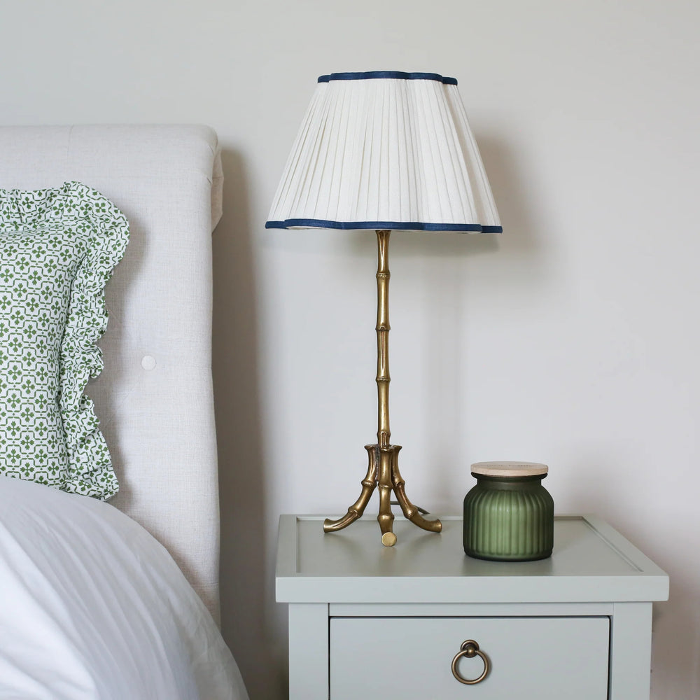 Scalloped Ivory Linen Lampshade with Navy Trim- Patton House  